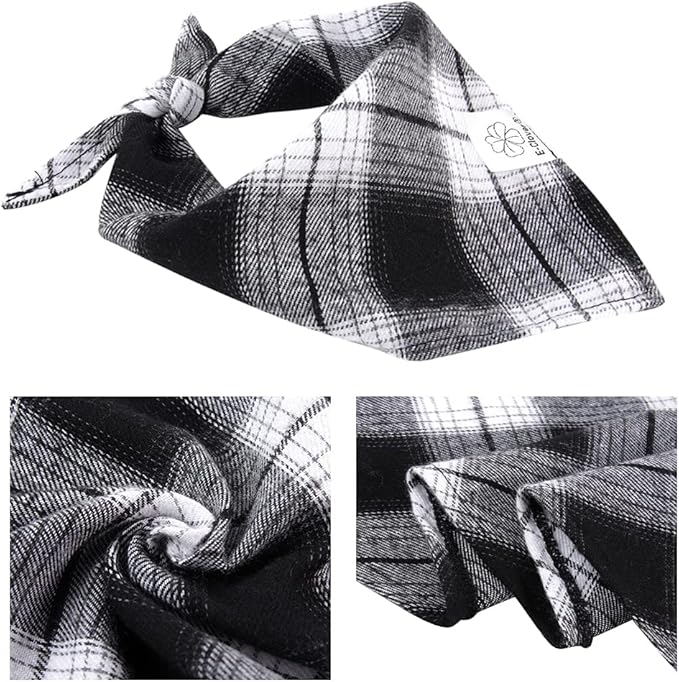 E-Clover Dog Bandanas & Matching Scrunchie Set Boy Plaid Dog Scarf Triangle Bandana Bibs for Medium Large Dog Owner Birthday Gifts Black White