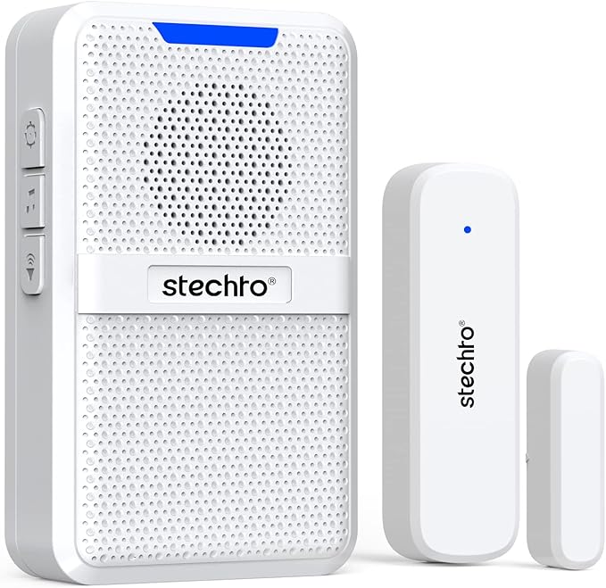 Door Chime,Wireless 600Ft Range 5 Adjustable Volume 1 Magnetic Door Open Contact Sensor with 62 Chimes Mute Mode Door Bell Plugin Receiver for Home/Office/Store White (1 Receiver + 1 Sensor)