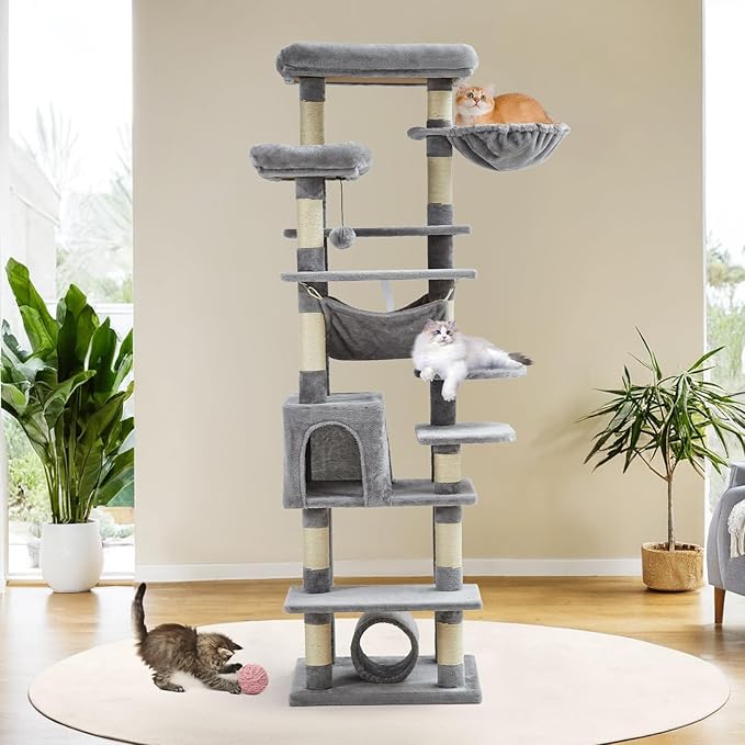 GarveeHome 67 in Cat Tree for Large Cats, Features Scratching Post, Cat Condo, Platforms, Tunnel, Hammock, Food Station & Bowls – Ideal for Indoor Cats, Light Gray