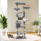 GarveeHome 67 in Cat Tree for Large Cats, Features Scratching Post, Cat Condo, Platforms, Tunnel, Hammock, Food Station & Bowls – Ideal for Indoor Cats, Light Gray
