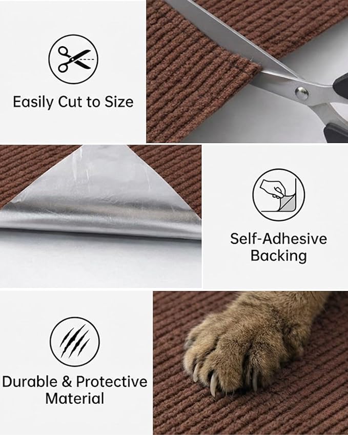 Trimmable Self-Adhesive Cat Scratch Mat, DIY Climb Scratcher for Cat Tower, Couch, and Furniture Protector, Replacement Pads (Brown, 23.6''x11.8'', 3-Pack)