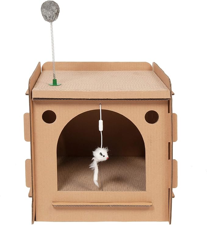 Furhaven Cardboard Cat House w/ Catnip for Indoor Cats, Ft. Scratching Pads & Toys - Modern Condo Corrugated Cat Scratcher Hideout - Cardboard Brown, One Size