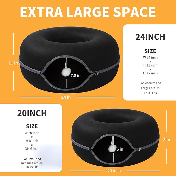 Peekaboo Cat Tunnel for Large Cats up to 30 lbs, Features A Jingle Ball, Removable and Washable Tunnel Bed, and a Cozy Donut Tunnel (Black, 24 Inches)