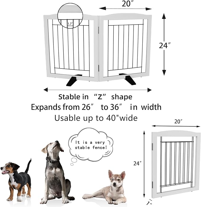 Dog Fence Indoor - 2-Panel Freestanding Dog Gate for Doorways, Hallways, House or Stairs -40x24-Inch Retractable Foldable Expandable Wood Pet by SFJC (White)