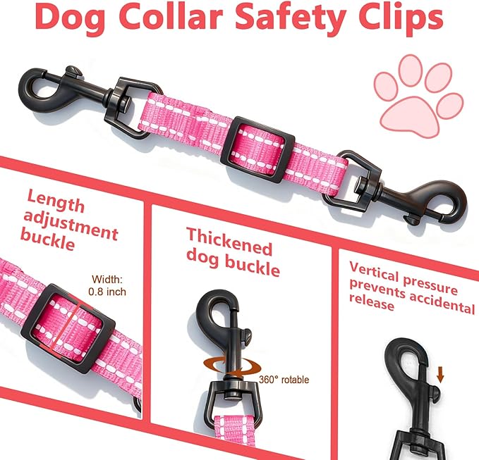 2 Pcs Dog Collar Safety Clips with Double Ended Clasps | Adjustable Collar Backup Clip for Dog Harness & Collars Connectors, Training for Walking, Running, and Hiking, Safety Clip - Pink