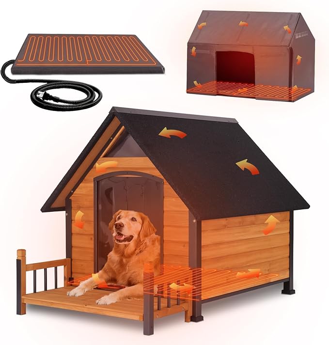 GUTINNEEN Large Heated Dog House Outdoor Insulated Dog Kennel Weatherproof Dog Shelter with Safe Heating Pad, Chew-Proof Metal Frame, Thermal Liner for Large Dog Breeds, 37.4" L x 50.9" D x 37.2" H