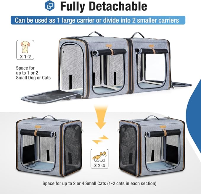Lekereise Extra Large Cat Carrier for 2 Cats, 2-in-1 Cat Travel Carrier with Litter Box, (20.85" x2) x19.7"x19.7" Pet Carrier with Zipper Locks for Moving Across The Country (No Hammock) - Grey