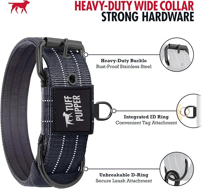 Tuff Pupper Heavy Duty Tactical Dog Collar | 1.5" Wide Ballistic Nylon | Reflective Stitching | Integrated ID Tag Holder | Stainless Steel Buckle | Padded Lining | Medium & Large Dogs (Black, Medium)