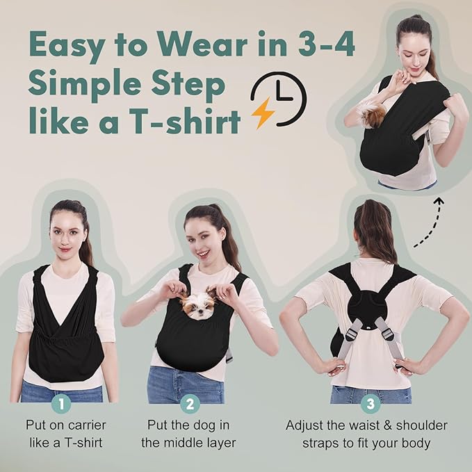Supet Dog Sling Carrier for Small Pets, Hands Free Cat Sling, Reducing Back Neck Pain Anti-Anxiety Puppy Front, Adjustable Soft Dog Carrying (Black-2, Plus 7-15 Lbs)