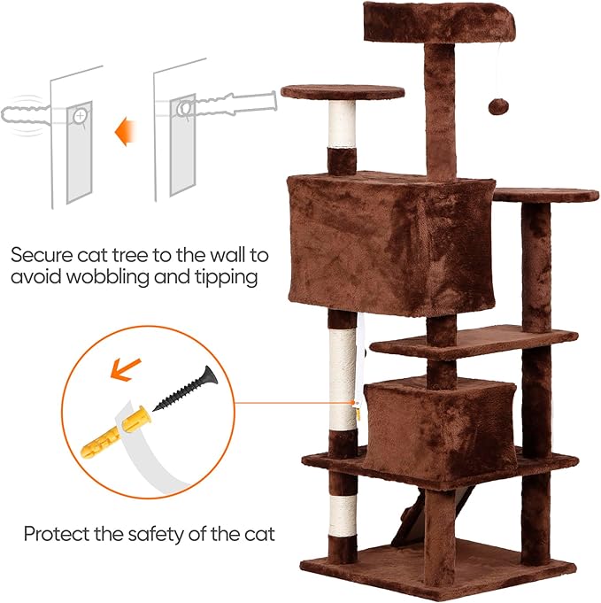 LEMY 54 Inch Cat Tree,Multi-Level Cat Tower Condo for Indoor Kittens,Brown Cat House with Sisal-Covered Scratching Post for Cats to Play and Sleep