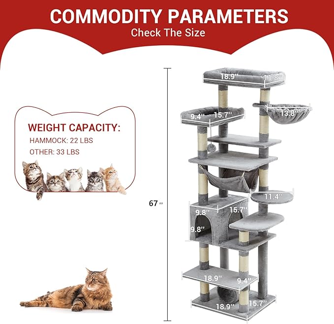 GarveeHome 67 in Cat Tree for Large Cats, Features Scratching Post, Cat Condo, Platforms, Tunnel, Hammock, Food Station & Bowls – Ideal for Indoor Cats, Light Gray
