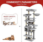 Cat Tree for Large Cats 67 Inches,Multi-Level Cat Tower with Scratching Posts, Condo, Perches, Hammock, Tunnel & Feeding Station,Light Gray