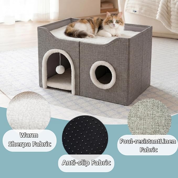 Eolahalcy Cat Beds for Indoor Cats - Large Cat Cave for Pet Cat House with Fluffy Ball Hanging and Scratch Pad, Foldable Cat Hideaway, 23.8x15.9x13.2 inches, Grey