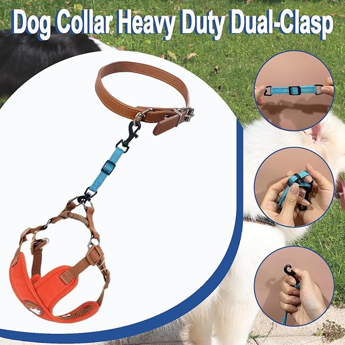 2 Pcs Dog Collar Safety Clips with Double Ended Clasps | Adjustable Collar Backup Clip for Dog Harness & Collars Connectors, Training for Walking, Running, and Hiking, Safety Clip - Blue