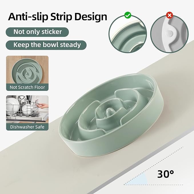 Ceramic 1.2 Cup Raised Slow Feeder Dog Bowl Set, Elevated 6.1inch Bowl and 7.3inch Puzzle Slow Food Dish with Wooden Stand for Medium and Small Dog, Anti-Gulping (2 x Light Green+ Stand)