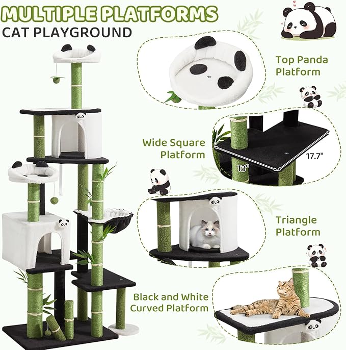 Erinnyees Cat Tree, 71.3 Inches Cat Tower for Indoor Cats with Panda Design, Spacious Cute Kitty Condo with Sisal Scratching Post, Cozy Hammock and Multi-Level Platform, Stylish Pet Furniture