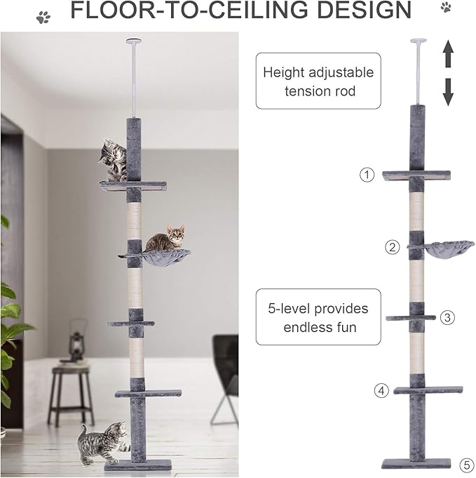 PawHut 102" Adjustable Height Floor to Ceiling Cat Tree, 5 Level Cat Tower with Scratching Posts, Hammock, Gray
