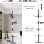 PawHut 102" Adjustable Height Floor to Ceiling Cat Tree, 5 Level Cat Tower with Scratching Posts, Hammock, Gray
