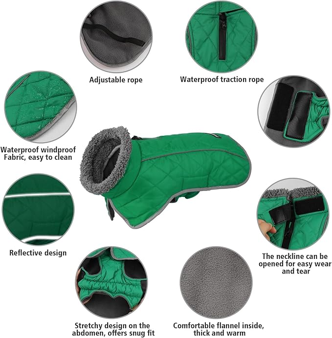 Fragralley Dog Coat Large, Waterproof Dog Jacket with Warm Fleece Lining, Adjustable Reflective Dogs Winter Coat, Turtleneck Pet Coats for Cold Weather (Green XL)