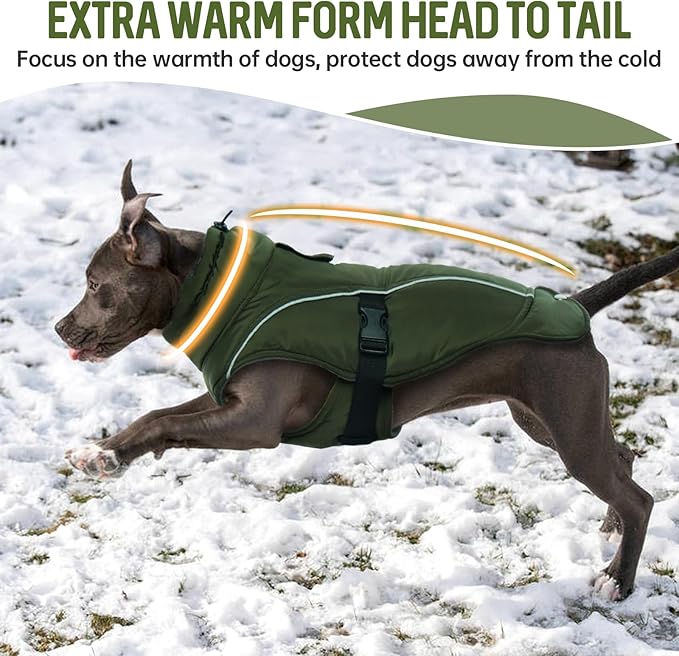 DENTRUN Winter Warm Dog Coat Reflective Jacket with Turtleneck for Cold Weather, Adjustable Buckle Windproof Water Repellent, Thick Snowsuit Fleece Vest for Small, Medium, Large Dogs, Green, M