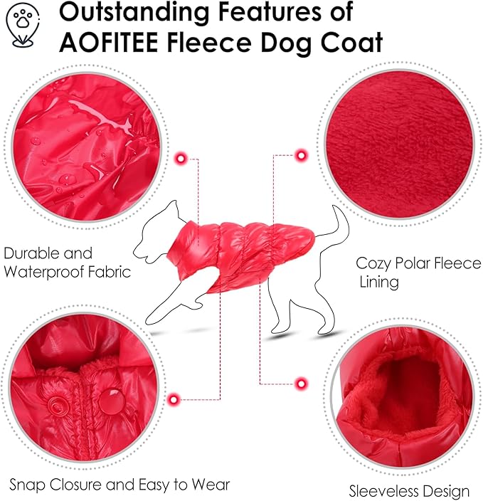 AOFITEE Dog Coat, Small Dog Coat Winter, Waterproof Dogs Jacket, Warm Fleece Dogs Snowsuit Pet Puffer Jacket, Windproof Pet Fleece Vest, Female Male Pets Coats Snow Jackets, Christmas Red, L