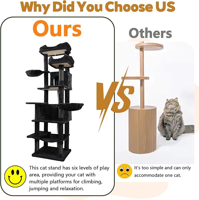 Anwick 68" Tall Cat Tree Tower with Scratching Posts, Cat House with Hammocks, Cat Condos for Indoor Cats, Removable Cushions, Multi-Level Cat Playground (Black)