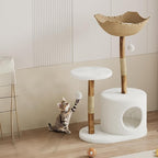 Modern Natural Wood Cat Tree, Stylish Solid Wooden Climbing Tower with Large Rattan Basket, Scratching Posts, Real Branch Design, White Luxury Perch for Rest and Play