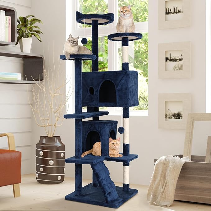 Cat Tree with Scratching Post,Cat Tower House for Indoor Large Adult Cats Kittens,21x21x70in Multi-Level Activity Cat Cando Furniture,Blue