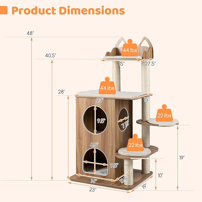 PETSITE 48-inch Wooden Cat Tree, Multi-Level Modern Cat Tower with Sisal Scratching Posts, Double-Layer Condo, Cute Top Perch, 3 Jumping Platforms with Washable Detachable Cushions