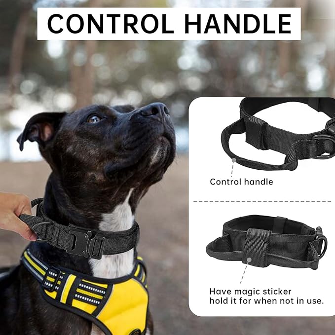 Tactical Dog Collar with Handle - Adjustable Nylon Training Military Dog Collar with Heavy Duty Metal Buckle Collar for Medium Large Dogs,with Patch