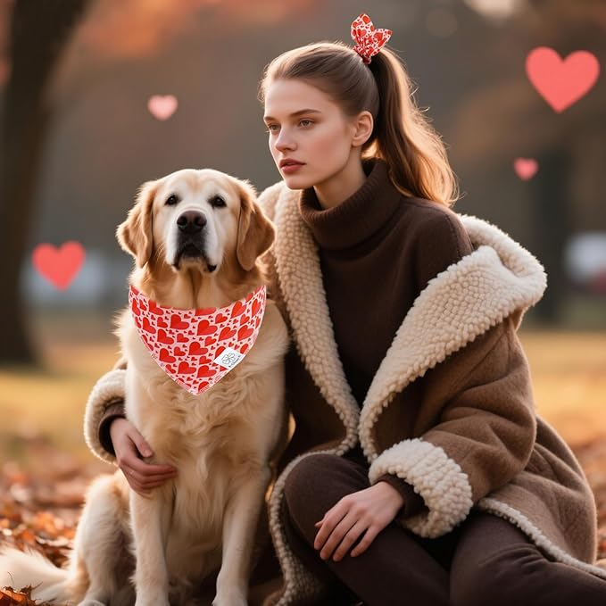 E-Clover Mother's Day Heart Dog Bandanas & Matching Scrunchie Set Cute Girl Dog Scarf Bibs Pet Bandana with Bow Tie for Medium Large Dogs Owner Mom Red Pink