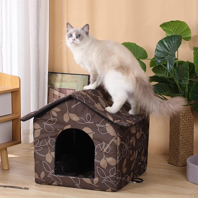 Cat Houses for Outdoor Cats, Weatherproof Outdoor House for Feral Cats, Warm Stable Stray Cats Shelter in Winter Brown Large