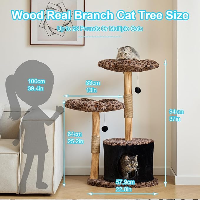 Modern Floral Cat Tree Tower with Real Wood Branch| Multi-Level Cat Tower with Scratching Posts | Cute Aesthetic cat Tree with Luxury cat condo for Indoor Cats (Leopard Flora)