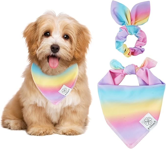 E-Clover Rainbow Dog Bandana & Matching Scrunchie Pink Purple Yellow Pet Dog Scarf Cute Dog Costumes Accessories for Small Dogs