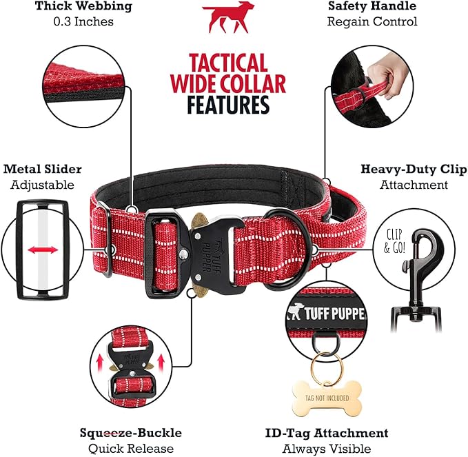 Tuff Pupper Tactical Dog Collar with Handle | Heavy Duty Adjustable Dog Collar | Military Nylon Collar for Large Dogs | Quick-Release Buckle | Soft Padded Comfort | Training Control (Red, Large)