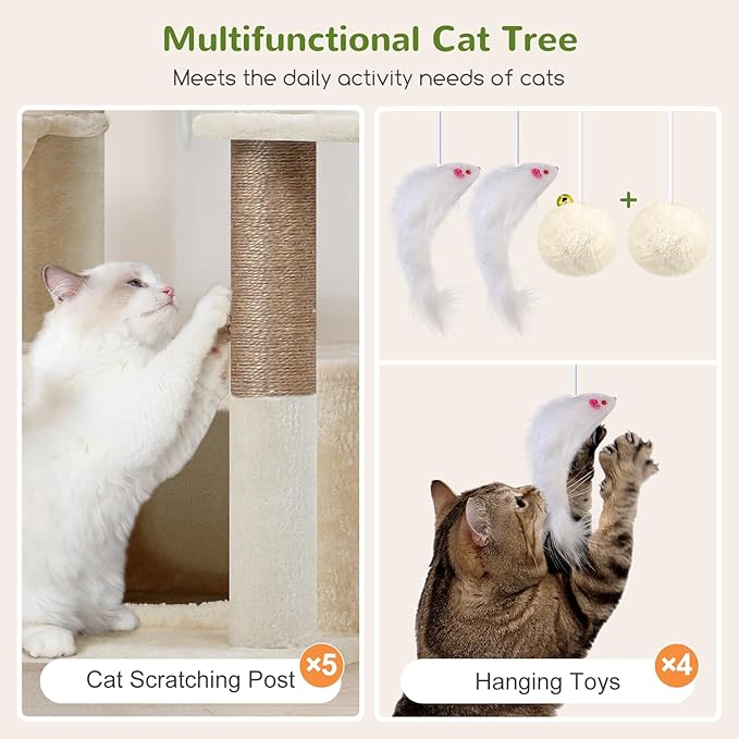 Globlazer Large Cat Tree, 80 inch Multi-Level Tall Climbing Tower Kitty Condos Cat Scratching Tower for Indoor Multiple Large Adult Cats Kittens with 3 Cat Caves, 3 Hanging Baskets, F80F, Beige