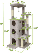 Cat Tree Tower for Indoor Cats, Adult Cat Tree House for Large Adult Cats with Steps, Scratching Post, 3 Cat Caves, Dangling Toys (Light Gray)