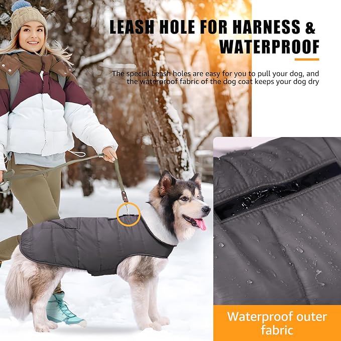 iBuddy Dog Winter Jacket for Extra Large Dogs, Easy on 3XL Dog Snow Coat Velcro Waterproof Pet Puffer Clothes with Harness Hole Adjustable Reflective Quilted Pet Cold Weather Vest for Boy Male
