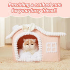 Jiupety Rabbit Cat Houses for Indoor Cats, Chimney Cute Cat Bed Cave, Enough Interior Space, Cartoon Soft Pet House Up to 3-10 lbs Kitten, Pink
