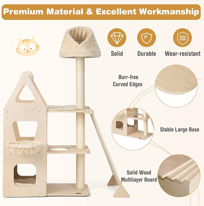 PETSITE 64" Tall Cat Tree Tower for Indoor Cats, Modern Cat Activity Center with Top Perch, Condos, Basket Bed, Sisal Posts, Scratching Board & Ball, Beige