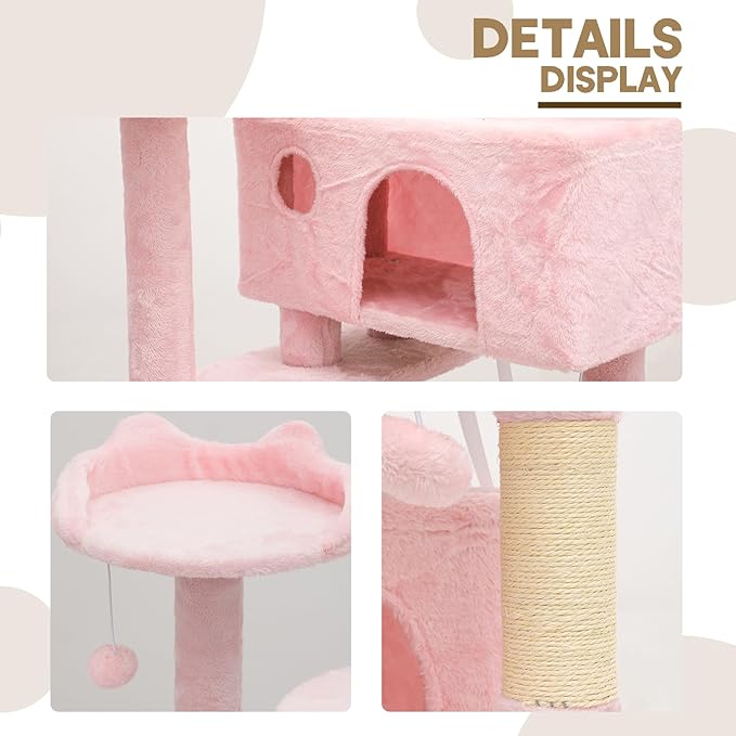 77" Cat Tree Tower Multi-Level Cats Condo with Large Perch, Sisal Scratching Posts and Ramp for Kittens to Adults Cats, Fits Living Room, Bedroom, Apartments, Soft Pink