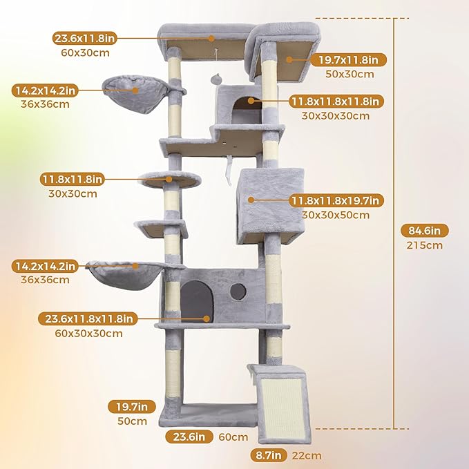 Light Gray 84in Heavy Duty Cat Tree, Cat Tree Tower for Indoor Cats Large Adult, Extra Cat Tower with 12 Sisal Scratching Post, Large Top Platform, Hammock, Cat Condo for Kittens