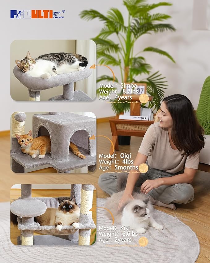 PEQULTI 45.7'' Cat Tree for Indoor Cats with Metal Frame Big Hammock, Cat Tower for Small or Medium Cats with Cat Condo House, with Scratching Posts and Top Perch, Grey
