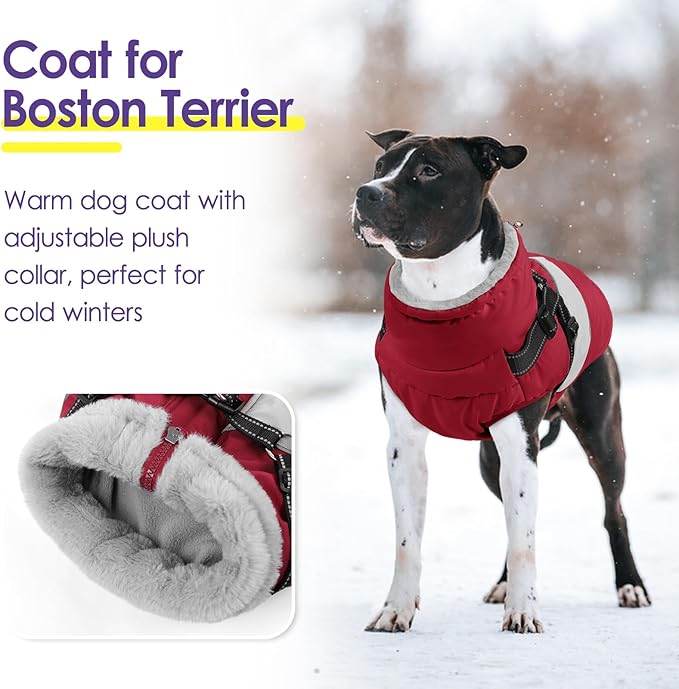 SUNFURA Small Dog Coat with Harness Built in, Warm Dog Jacket Winter with Zipper On Back, Waterproof Pet Snow Jacket Snowsuit Pet Sweater Clothes for Schnauzer, Yorkshire Terrier, Burgundy S