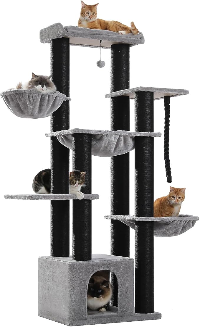 PETEPELA 67" XXL Cat Tree for Large Cats up to 25 lbs, Heavy Duty Cat Tower w/13 Extra-Thick Sisal Scratching Posts [φ4.3”], Cat Furniture with Metal Frame Hammock & XL Condo for Maine Coon, Black