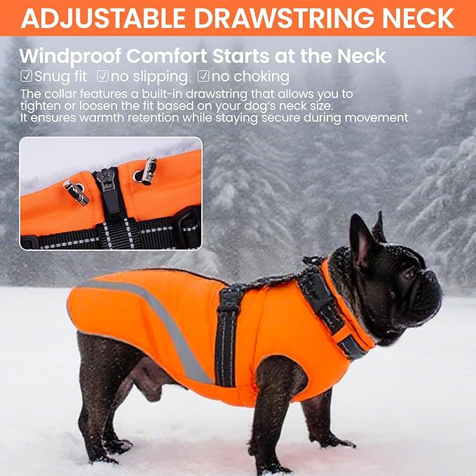 QBLEEV Large Dog Coat, Dog Winter Jacket for Large Dogs, XX-Large Waterproof Cold Weather Vest with Built-in Harness, Zipper & Reflective, Windproof Thick Warm Fleece Snowsuit Clothes, Orange, XXL