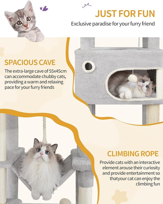Cat Scratching Post, 70.1" Multi-Layer Cat Tree with Large Platform, 2 Caves, 7 Sisal Posts, Pompoms, Cat Basket, Hammock, Suitable for Cats, Light Gray MS17818LG