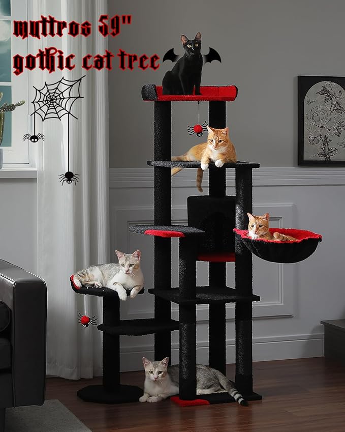 59" Gothic Cat Tree with Coffin Bed-Black Cat Tower for Indoor Cats with Spacious Cat Condo & Cozy Hammock, Spider Hanging Balls, Sisal Scratching Post and 2 Spooky Perches for Halloween