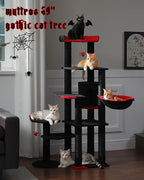 59" Gothic Cat Tree with Coffin Bed-Black Cat Tower for Indoor Cats with Spacious Cat Condo & Cozy Hammock, Spider Hanging Balls, Sisal Scratching Post and 2 Spooky Perches for Halloween