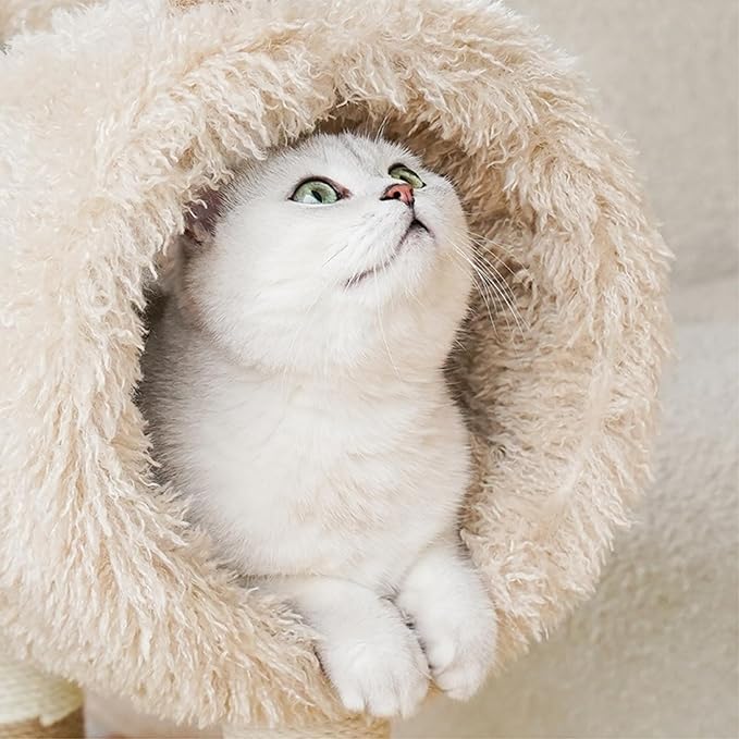 ZEZE Tunnel Cat Tree Condo for Indoor Cats, Animal-Themed Cat Tower with Cozy Tunnel Hideout, 3 Sisal Scratching Posts, Hanging Ball Toy, Thick Base (Sheep)